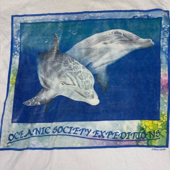 VTG 90s Oceanic Society Dolphin T Shirt L USA Made Single Stitch Graphic Ocean - Picture 3 of 14